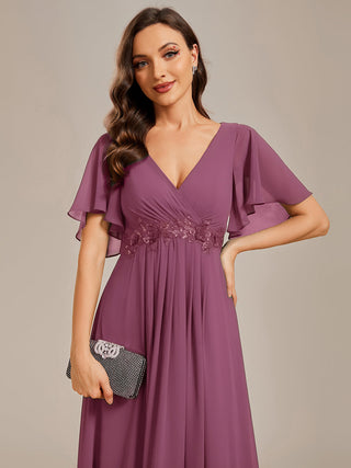 Short Sleeve Ruffle Appliques Deep V-Neck A-Line Floor Length Evening Dresses