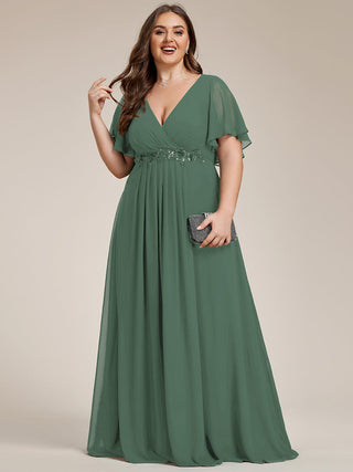 Short Sleeve Ruffle Appliques Deep V-Neck A-Line Floor Length Evening Dresses