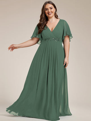 Short Sleeve Ruffle Appliques Deep V-Neck A-Line Floor Length Evening Dresses