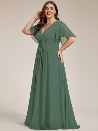 Short Sleeve Ruffle Appliques Deep V-Neck A-Line Floor Length Evening Dresses