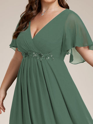 Short Sleeve Ruffle Appliques Deep V-Neck A-Line Floor Length Evening Dresses