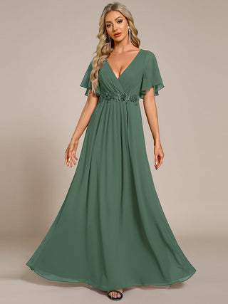 Short Sleeve Ruffle Appliques Deep V-Neck A-Line Floor Length Evening Dresses