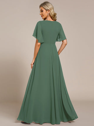 Short Sleeve Ruffle Appliques Deep V-Neck A-Line Floor Length Evening Dresses
