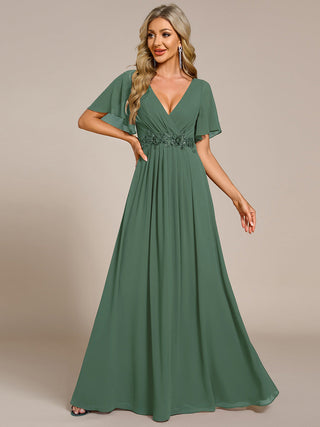 Short Sleeve Ruffle Appliques Deep V-Neck A-Line Floor Length Evening Dresses