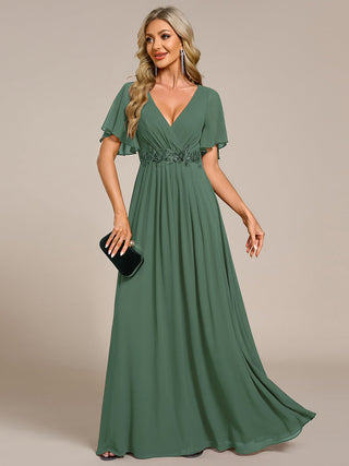 Short Sleeve Ruffle Appliques Deep V-Neck A-Line Floor Length Evening Dresses