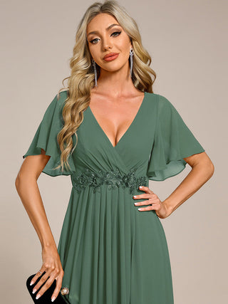Short Sleeve Ruffle Appliques Deep V-Neck A-Line Floor Length Evening Dresses