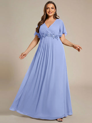 Short Sleeve Ruffle Appliques Deep V-Neck A-Line Floor Length Evening Dresses