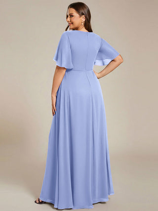 Short Sleeve Ruffle Appliques Deep V-Neck A-Line Floor Length Evening Dresses