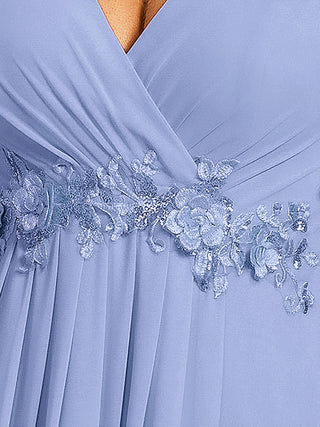 Short Sleeve Ruffle Appliques Deep V-Neck A-Line Floor Length Evening Dresses
