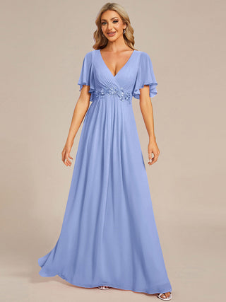 Short Sleeve Ruffle Appliques Deep V-Neck A-Line Floor Length Evening Dresses