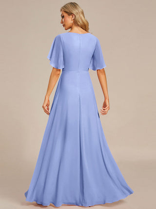 Short Sleeve Ruffle Appliques Deep V-Neck A-Line Floor Length Evening Dresses