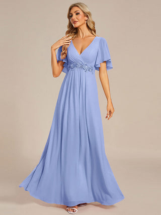 Short Sleeve Ruffle Appliques Deep V-Neck A-Line Floor Length Evening Dresses