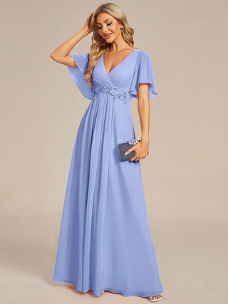 Short Sleeve Ruffle Appliques Deep V-Neck A-Line Floor Length Evening Dresses