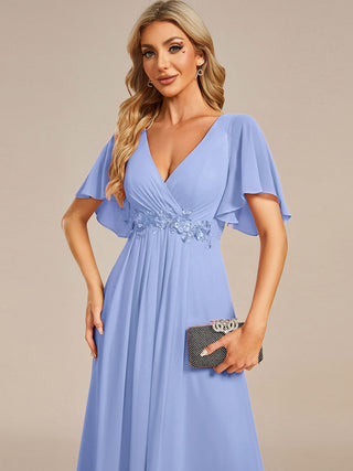 Short Sleeve Ruffle Appliques Deep V-Neck A-Line Floor Length Evening Dresses