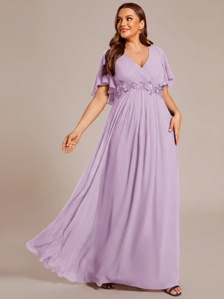 Short Sleeve Ruffle Appliques Deep V-Neck A-Line Floor Length Evening Dresses