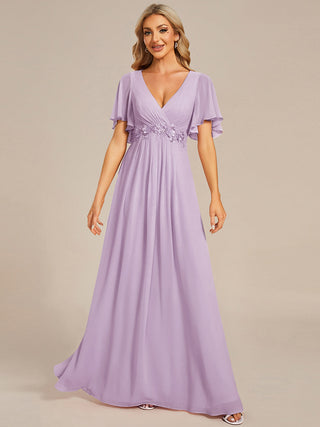 Short Sleeve Ruffle Appliques Deep V-Neck A-Line Floor Length Evening Dresses