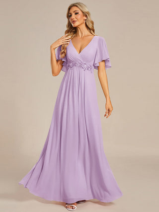 Short Sleeve Ruffle Appliques Deep V-Neck A-Line Floor Length Evening Dresses