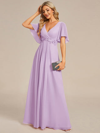 Short Sleeve Ruffle Appliques Deep V-Neck A-Line Floor Length Evening Dresses