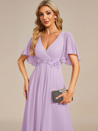 Short Sleeve Ruffle Appliques Deep V-Neck A-Line Floor Length Evening Dresses