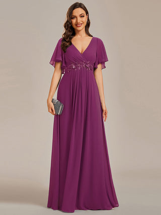 Short Sleeve Ruffle Appliques Deep V-Neck A-Line Floor Length Evening Dresses