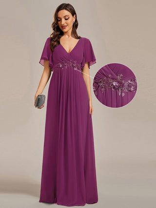 Short Sleeve Ruffle Appliques Deep V-Neck A-Line Floor Length Evening Dresses