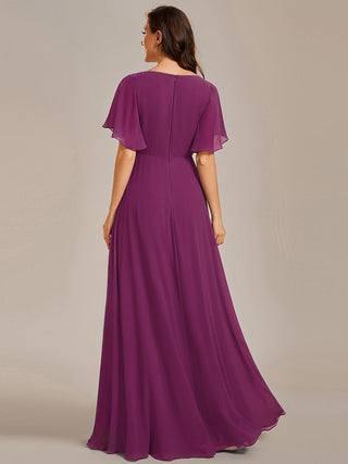 Short Sleeve Ruffle Appliques Deep V-Neck A-Line Floor Length Evening Dresses