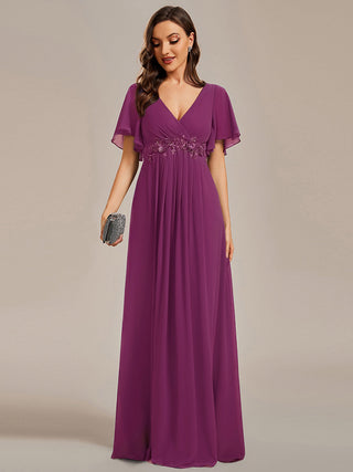 Short Sleeve Ruffle Appliques Deep V-Neck A-Line Floor Length Evening Dresses