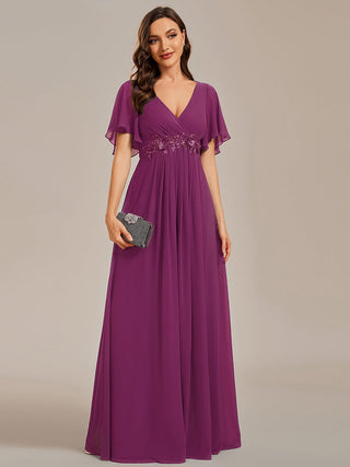 Short Sleeve Ruffle Appliques Deep V-Neck A-Line Floor Length Evening Dresses
