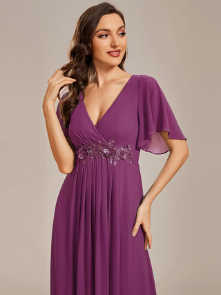 Short Sleeve Ruffle Appliques Deep V-Neck A-Line Floor Length Evening Dresses