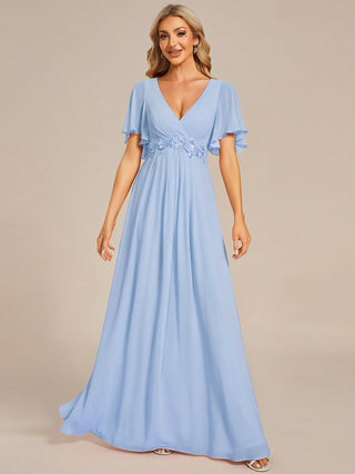 Short Sleeve Ruffle Appliques Deep V-Neck A-Line Floor Length Evening Dresses
