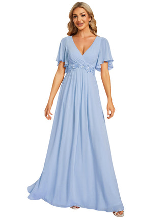Short Sleeve Ruffle Appliques Deep V-Neck A-Line Floor Length Evening Dresses