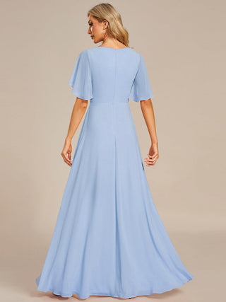 Short Sleeve Ruffle Appliques Deep V-Neck A-Line Floor Length Evening Dresses