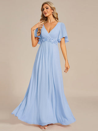 Short Sleeve Ruffle Appliques Deep V-Neck A-Line Floor Length Evening Dresses