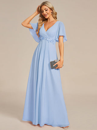 Short Sleeve Ruffle Appliques Deep V-Neck A-Line Floor Length Evening Dresses