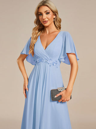 Short Sleeve Ruffle Appliques Deep V-Neck A-Line Floor Length Evening Dresses