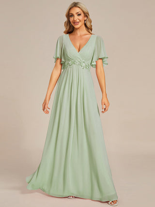 Short Sleeve Ruffle Appliques Deep V-Neck A-Line Floor Length Evening Dresses