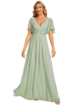 Short Sleeve Ruffle Appliques Deep V-Neck A-Line Floor Length Evening Dresses