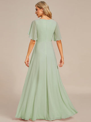 Short Sleeve Ruffle Appliques Deep V-Neck A-Line Floor Length Evening Dresses