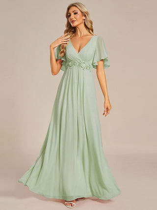 Short Sleeve Ruffle Appliques Deep V-Neck A-Line Floor Length Evening Dresses