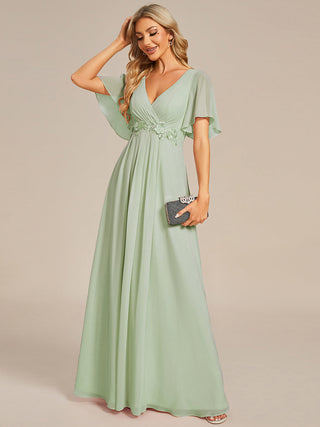 Short Sleeve Ruffle Appliques Deep V-Neck A-Line Floor Length Evening Dresses
