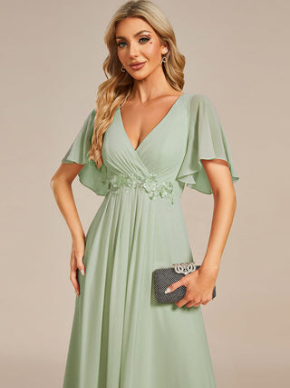 Short Sleeve Ruffle Appliques Deep V-Neck A-Line Floor Length Evening Dresses