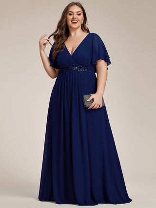 Short Sleeve Ruffle Appliques Deep V-Neck A-Line Floor Length Evening Dresses