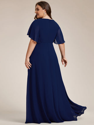 Short Sleeve Ruffle Appliques Deep V-Neck A-Line Floor Length Evening Dresses