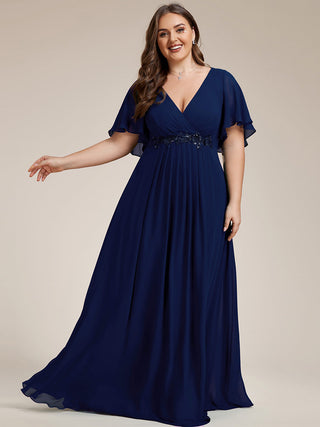 Short Sleeve Ruffle Appliques Deep V-Neck A-Line Floor Length Evening Dresses