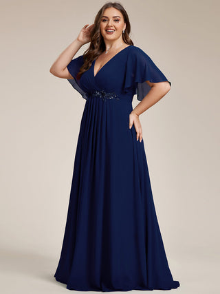 Short Sleeve Ruffle Appliques Deep V-Neck A-Line Floor Length Evening Dresses