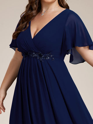 Short Sleeve Ruffle Appliques Deep V-Neck A-Line Floor Length Evening Dresses