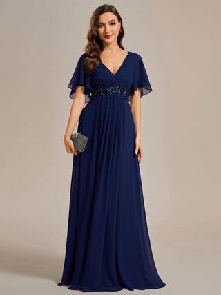 Short Sleeve Ruffle Appliques Deep V-Neck A-Line Floor Length Evening Dresses