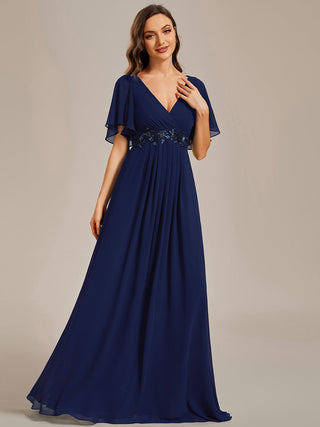 Short Sleeve Ruffle Appliques Deep V-Neck A-Line Floor Length Evening Dresses