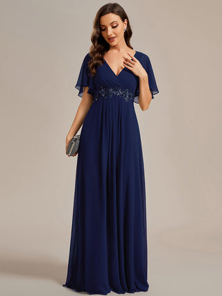 Short Sleeve Ruffle Appliques Deep V-Neck A-Line Floor Length Evening Dresses