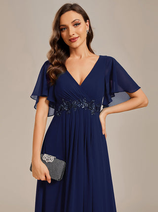 Short Sleeve Ruffle Appliques Deep V-Neck A-Line Floor Length Evening Dresses